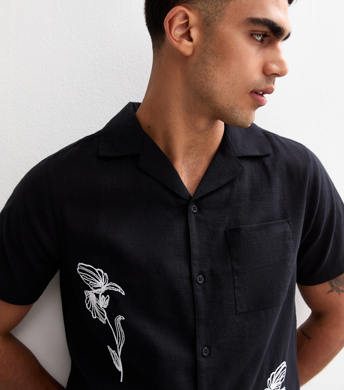 Men's Black Regular Floral Embroidered Short Sleeve Shirt New Look