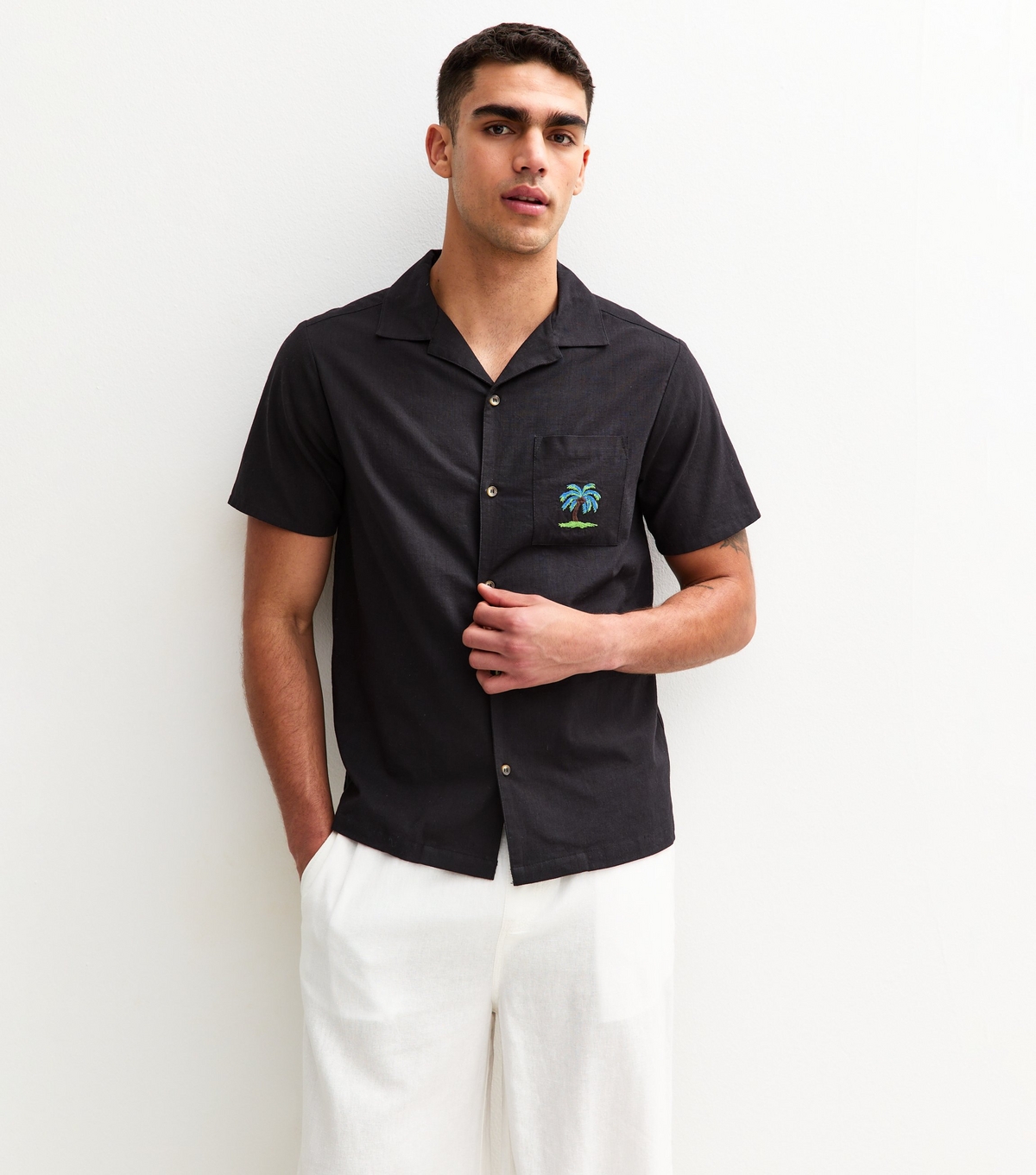 Men's Black Regular Palm Tree Embroidered Revere Collar Shirt New Look