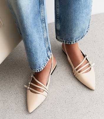 Off White Faux Leather Strappy Slingback Pumps