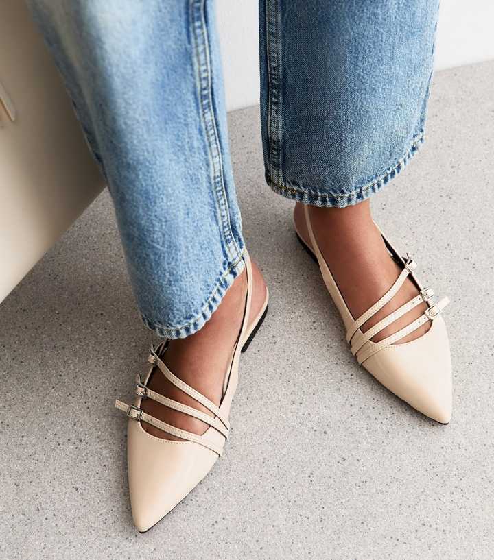 Off White Faux Leather Strappy Slingback Pumps