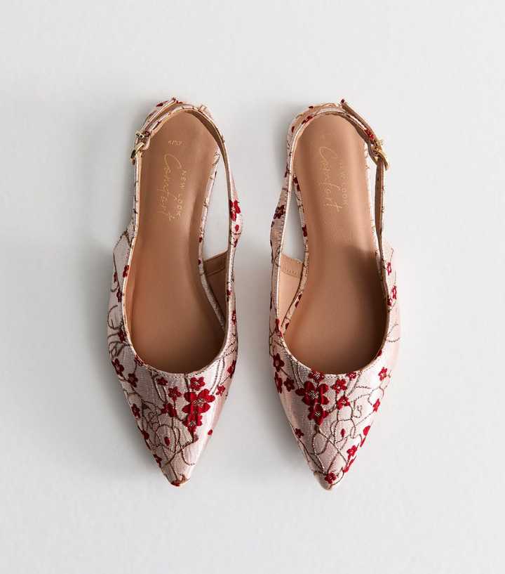 Light Pink Floral Embroidered Slingback Flats