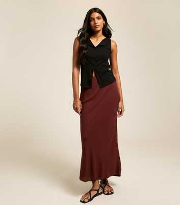 Dark Brown Linen Blend Bias Cut Midi Skirt