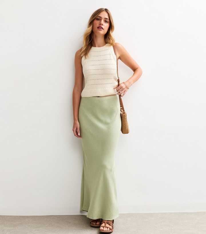 Light Green Linen Blend Bias Cut Midi Skirt