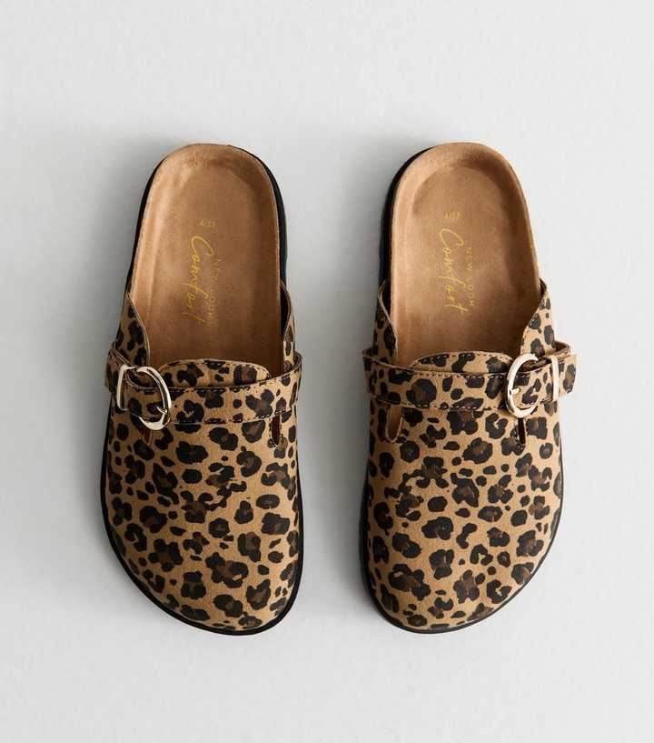 Brown Leopard Print Suedette Buckled Clogs