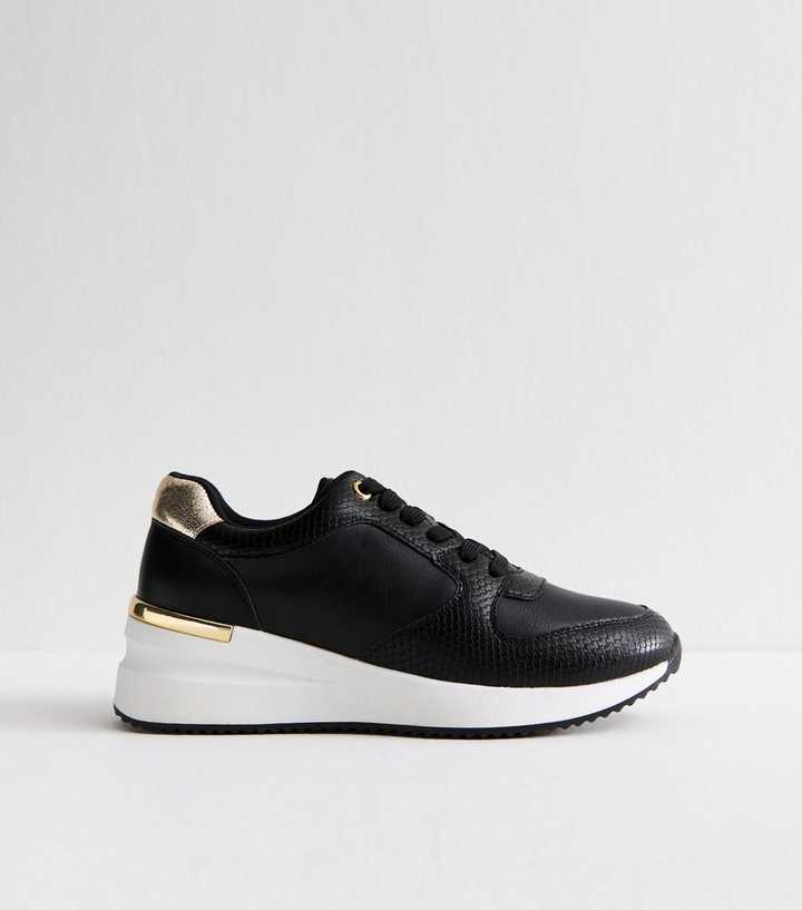 Black Faux Leather Snakeskin Effect Wedge Trainers