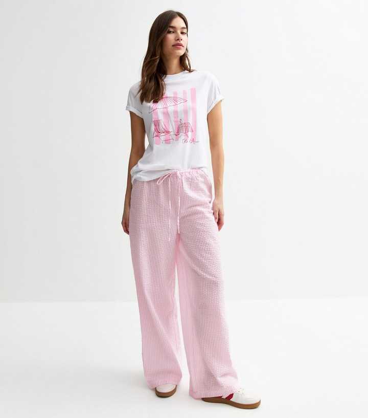 Pink Striped Seersucker Wide Leg Trousers