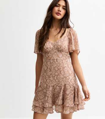 Brown Snake Print Tiered Chiffon Mini Dress