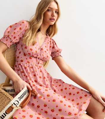 Pink Floral Print Lace Trim Mini Dress