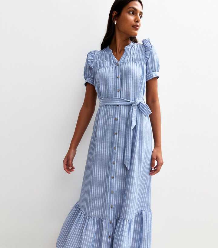 Blue Striped Shirred Shoulder Midi Dress