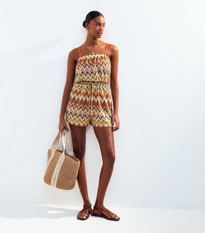 Brown Textured Patterned Bandeau Playsuit