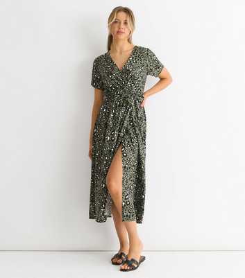 Gini London Khaki Animal Print Wrap Style Midi Dress