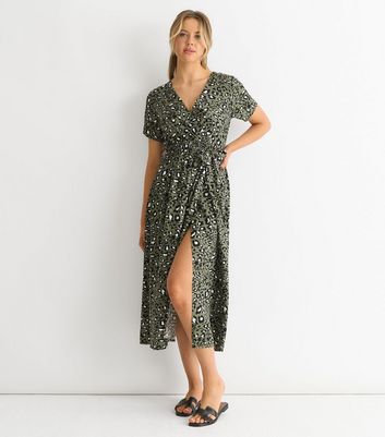 Gini London Khaki Animal Print Wrap Style Midi Dress New Look - Main Image