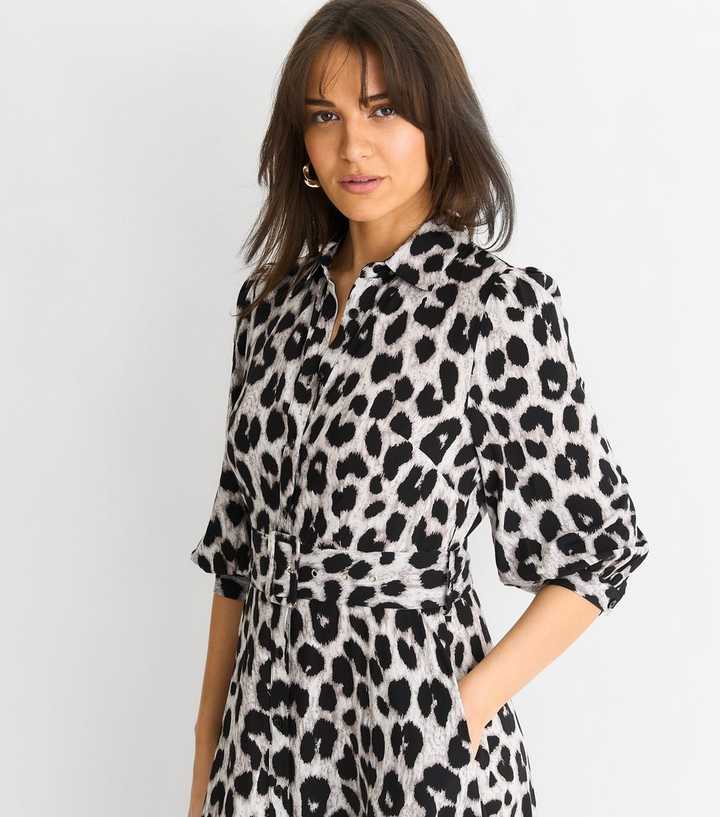 Gini London Light Grey Leopard Print Belted Shirt Maxi Dress | New Look