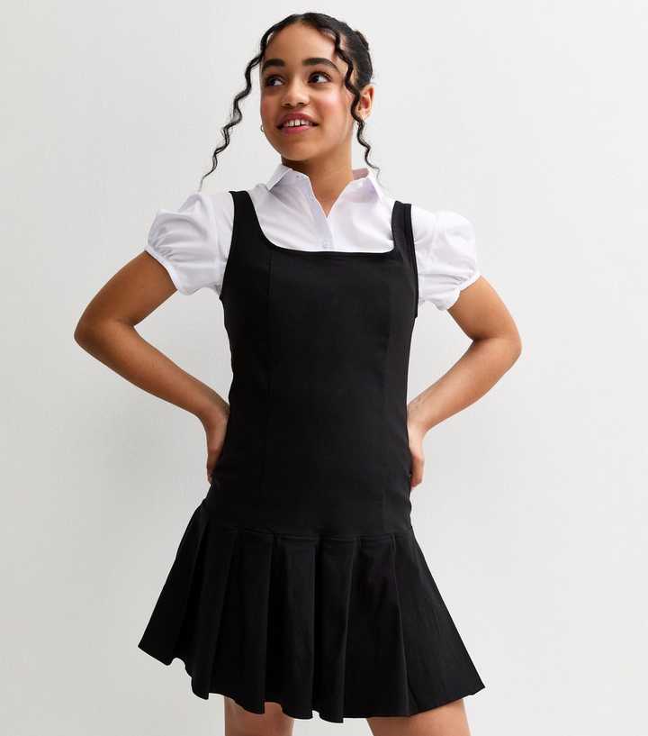 Girls Black Pleated Dropped Skirt School Dress