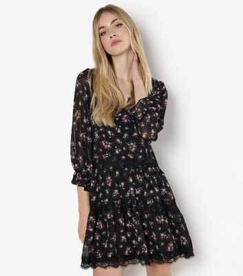 Apricot Black Floral Print Lace Trim Mini Dress