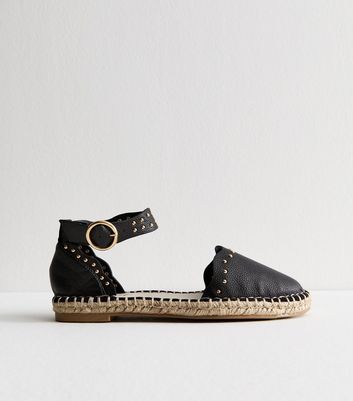 Leather Black Espadrille Shoes Black Faux Leather Studded