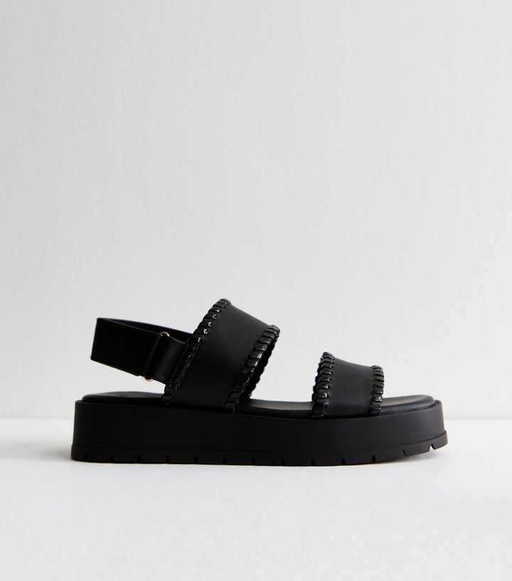Black Faux Leather Whipstich Trim Flatform Sandals
