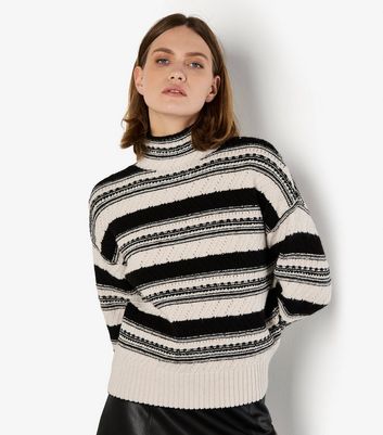 Apricot Off White Stripe Pointelle High Neck Jumper | New Look