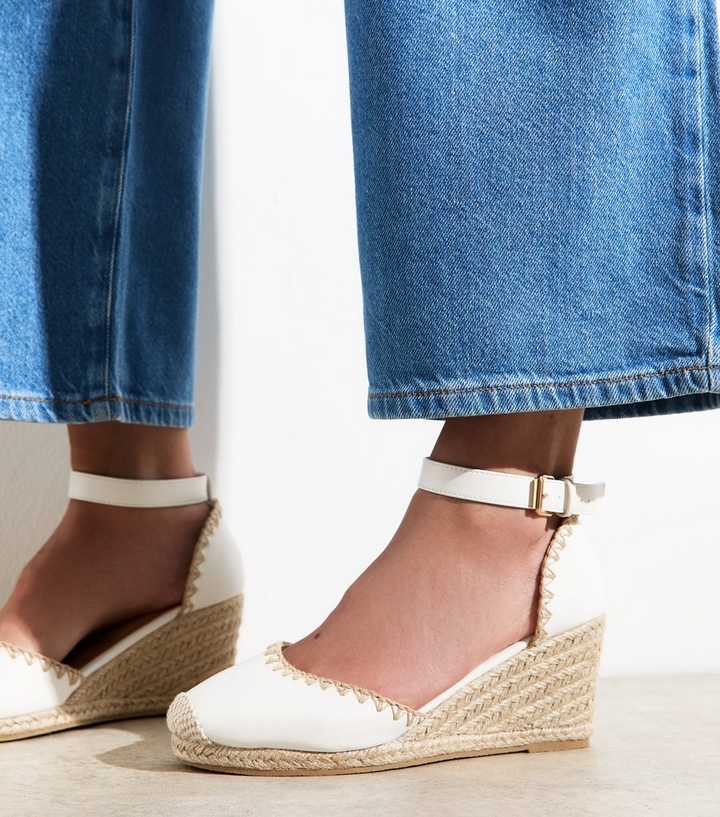 Wide Fit White Faux Leather Stitch Trim Wedge Sandals