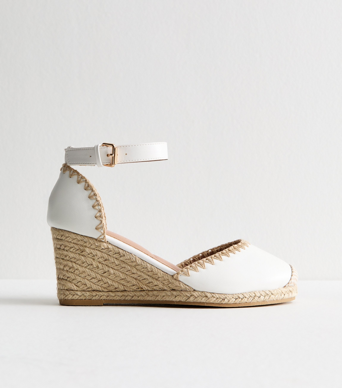 Women's Wide Fit White Faux Leather Stitch Trim Wedge Sandals Vegan New Look