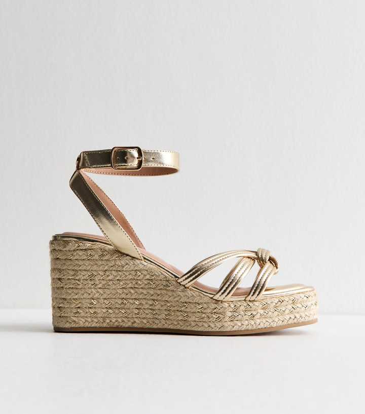 Wide Fit Gold Faux Leather Knot Wedge Sandals