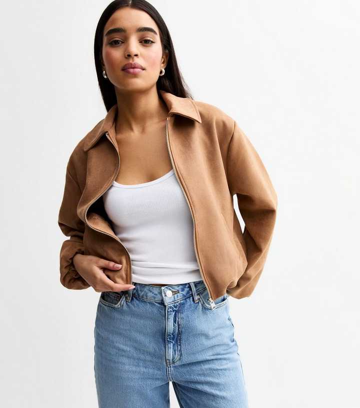 Brown Faux Suede Bomber Jacket