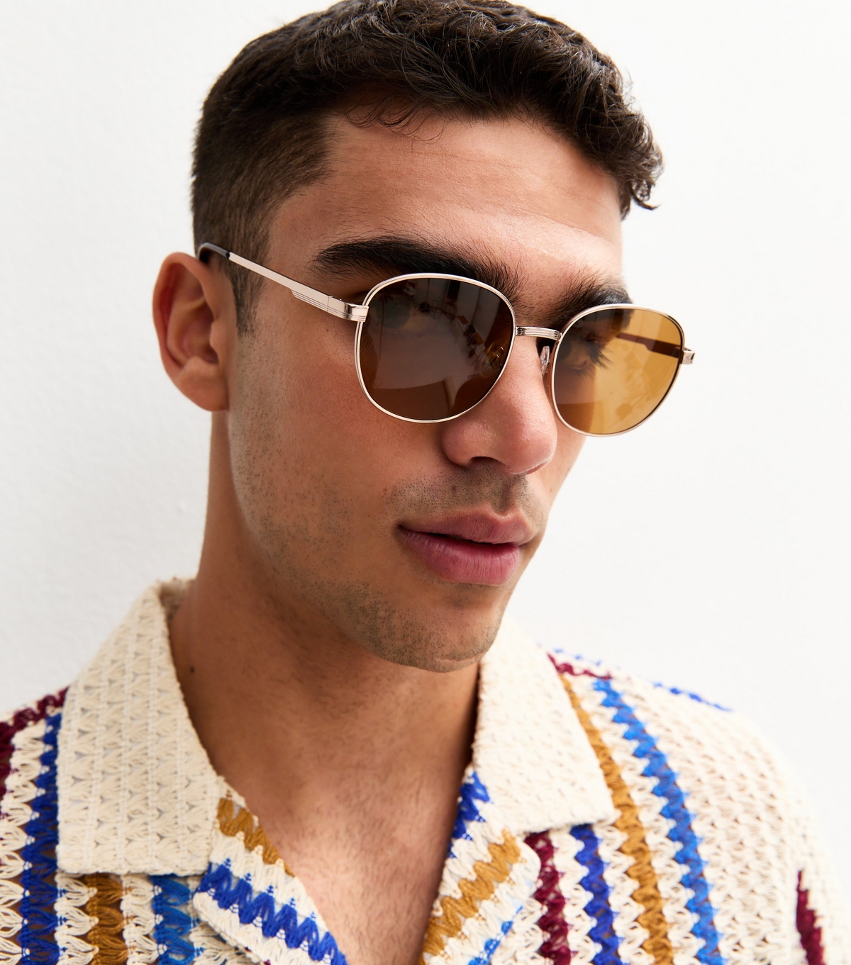 Men's Gold Round Frame Sunglasses New Look