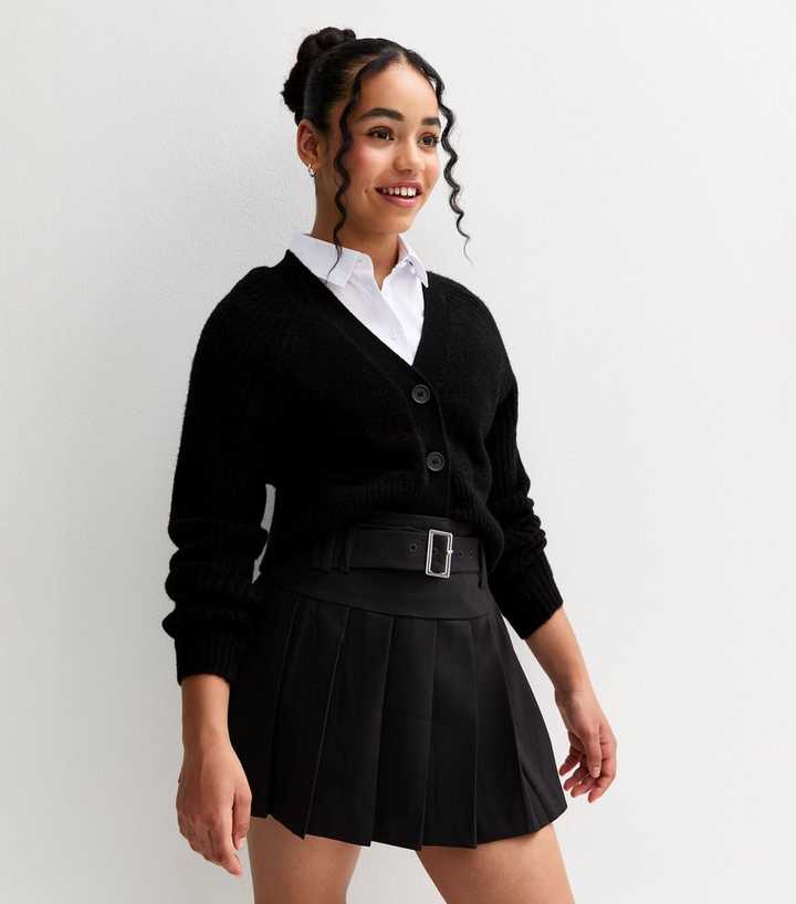 Girls Black Pleated Belted Skort
