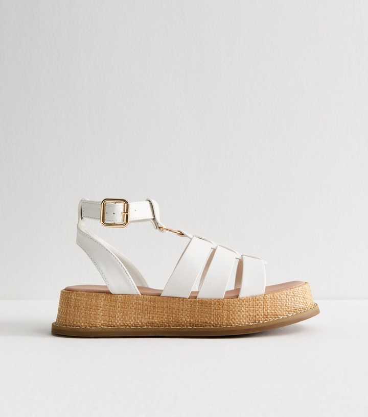 White Faux Leather Gladiator Flatform Sandals