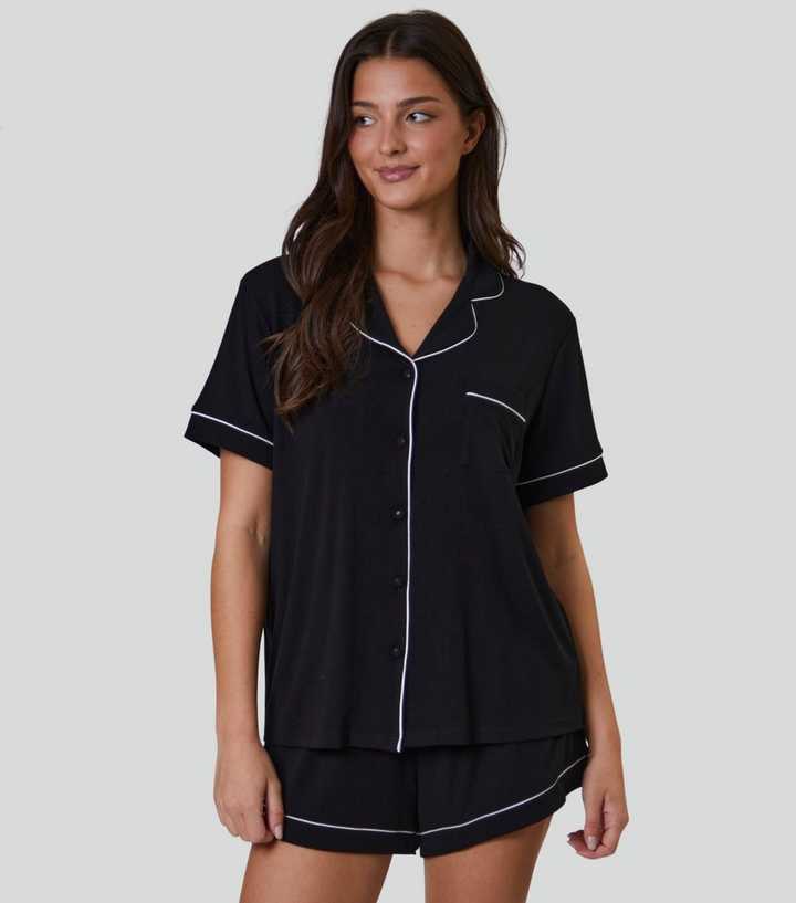 Loungeable Black Ribbed Shirt and Shorts Pyjama Set