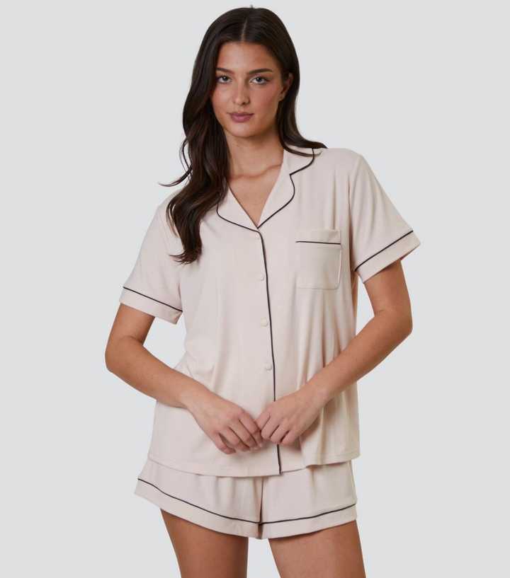 Loungeable Cream Ribbed Shirt and Shorts Pyjama Set