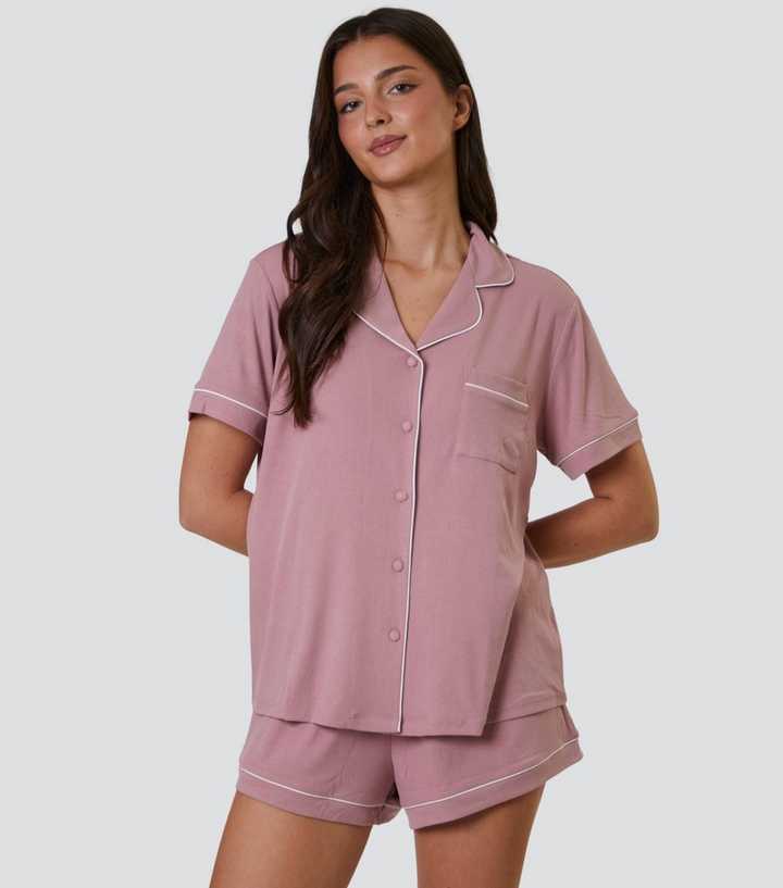 Loungeable Pink Ribbed Shirt and Shorts Pyjama Set