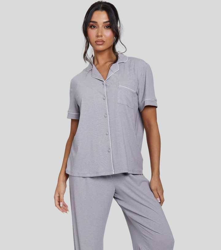 Loungeable Grey Ribbed Short Sleeve Shirt and Trousers Pyjama Set