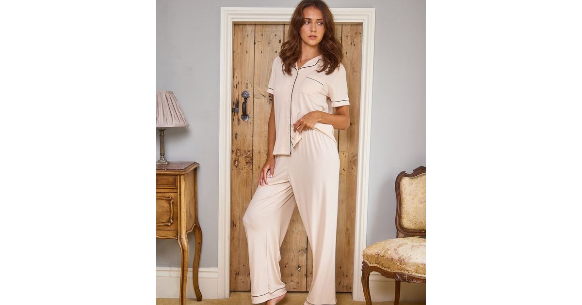 Loungeable Cream Ribbed Short Sleeve Shirt and Trousers Pyjama Set