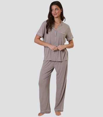 Loungeable Oatmeal Ribbed Short Sleeve Shirt and Trousers Pyjama Set