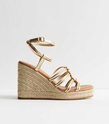 Gold Faux Leather Knotted Strap Wedge Heel Sandals