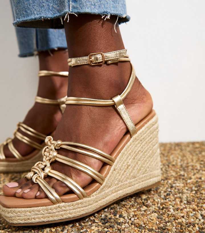 Gold Faux Leather Knotted Strap Wedge Heel Sandals