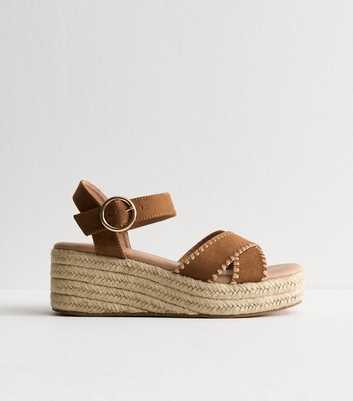 Wide Fit Brown Faux Suede Whipstitched Strap Flatform Sandals