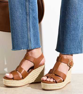 Tan Faux Leather Wedge Sandals
