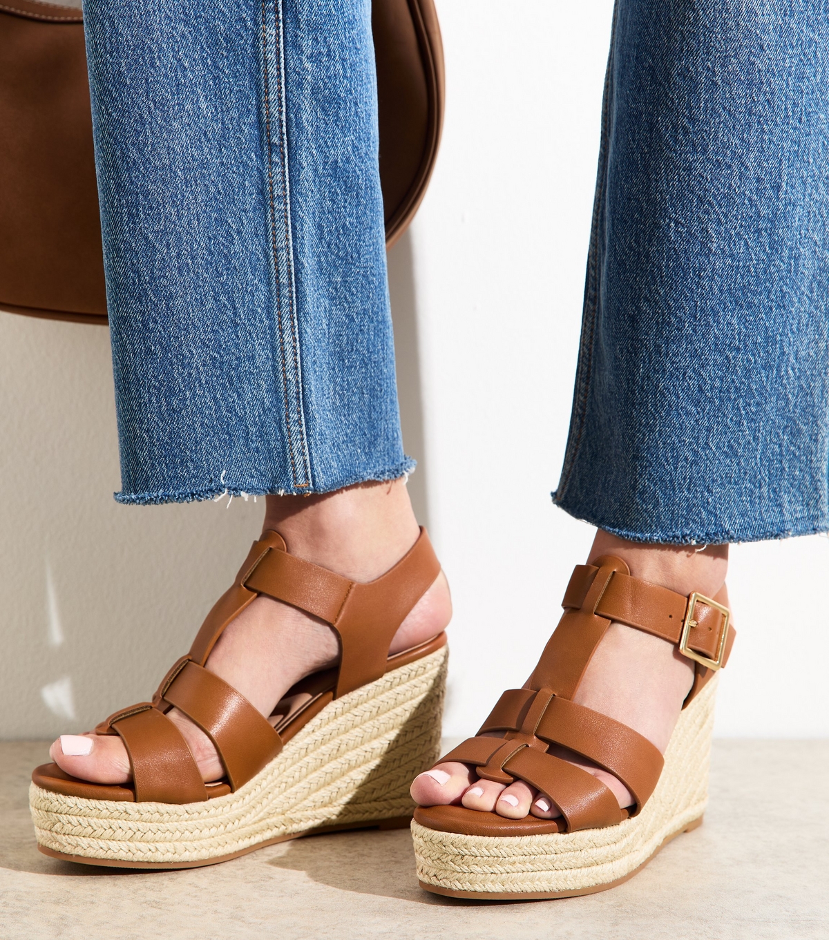 Women's Tan Faux Leather Wedge Sandals Vegan New Look