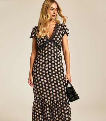 Black Floral Print Lace Trim Midi Dress