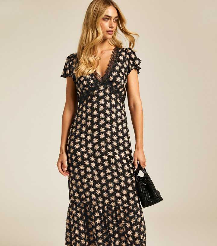 Black Floral Print Lace Trim Midi Dress Black Floral Print Lace Trim Midi Dress