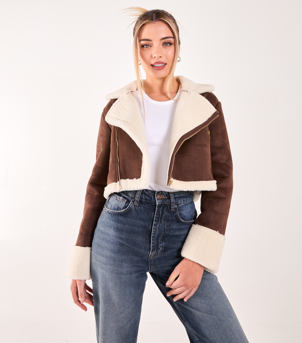 Women's Dark Brown Faux Shearling Jacket Pink Vanilla New Look