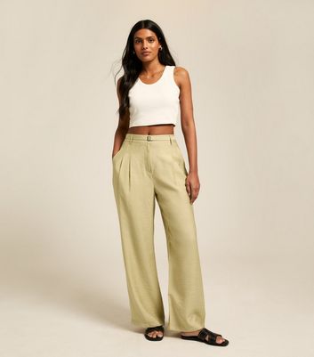 Light Khaki Wide Leg Pleated Trousers