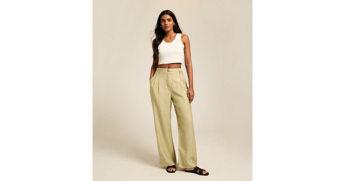Deep Pleat Wide Leg Trousers in Khaki