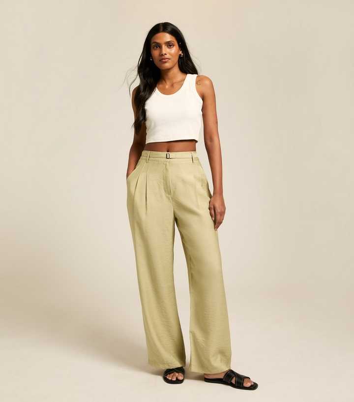Light Khaki Wide Leg Pleated Trousers