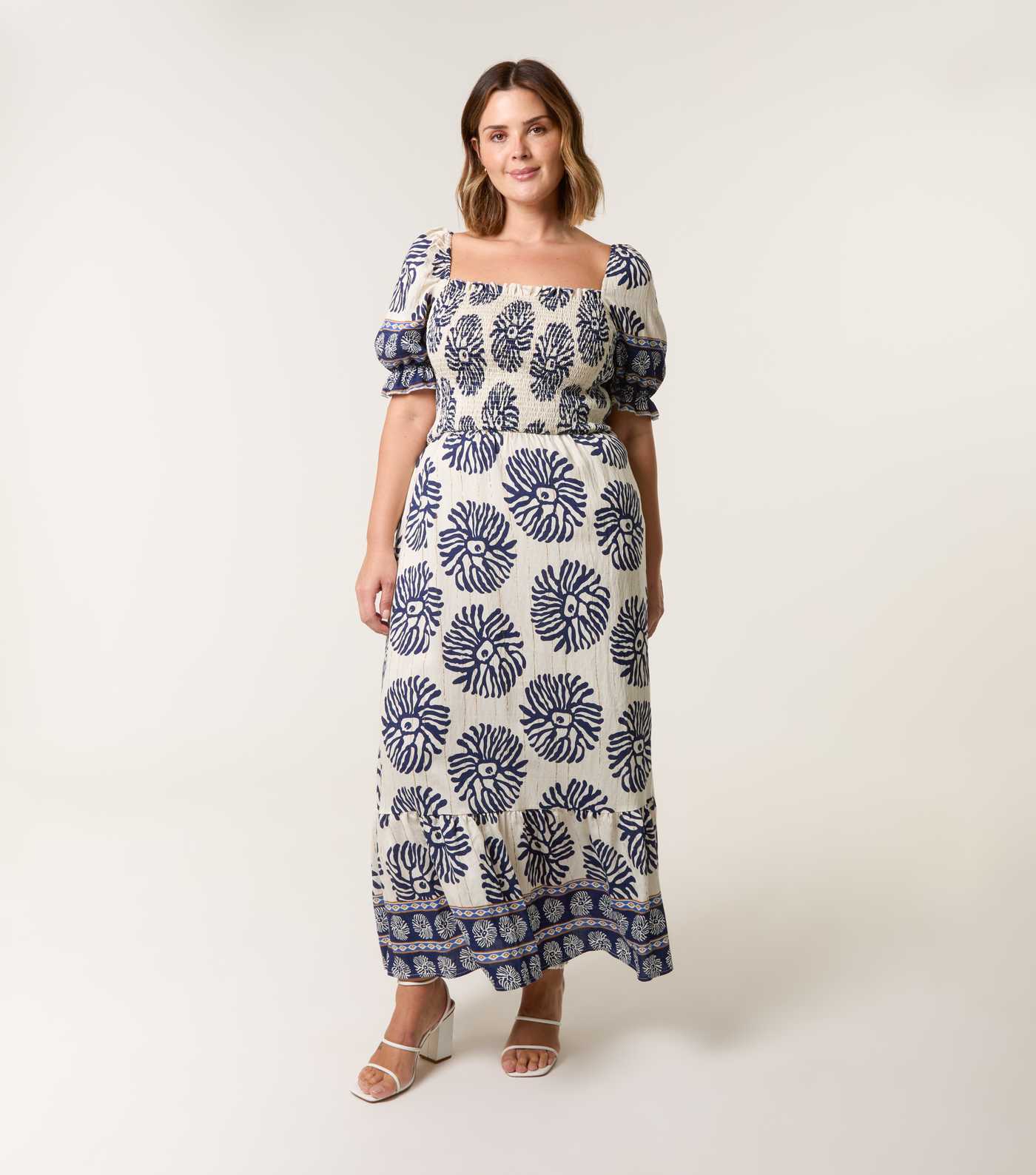 Blue Vanilla Curve Blue Leaf Print Shirred Maxi Dress