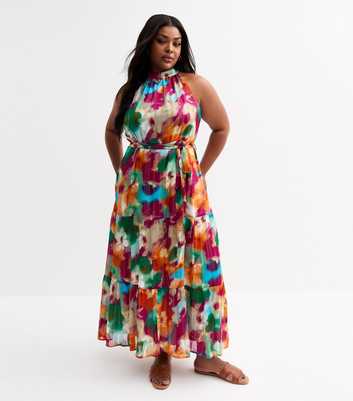 Blue Vanilla Curve Multicoloured Printed Halterneck Maxi Dress