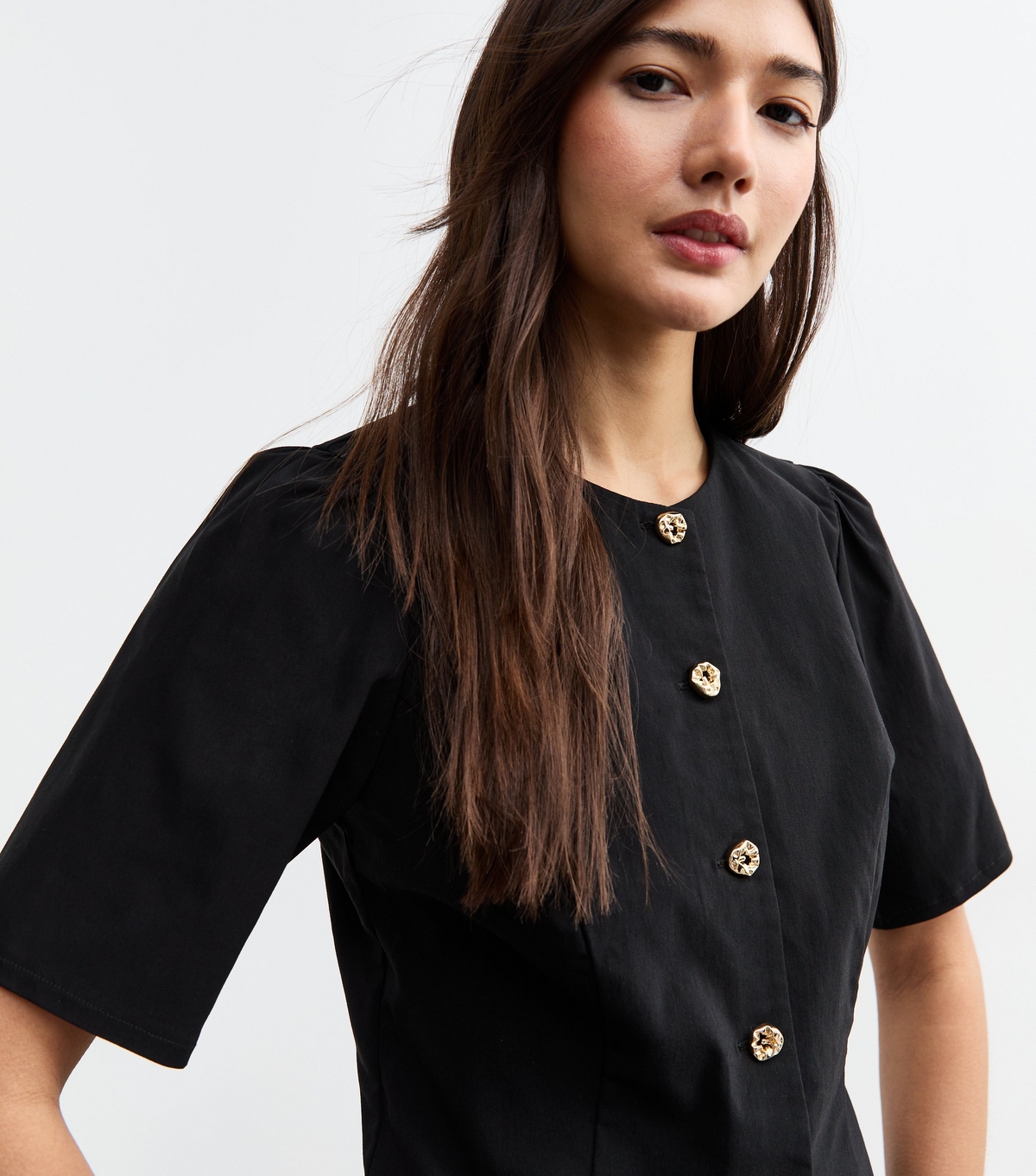 Women's Black Hammered Button Short Sleeve Top New Look