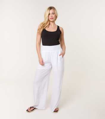 Blue Vanilla White Shirred Waist Wide Leg Trousers